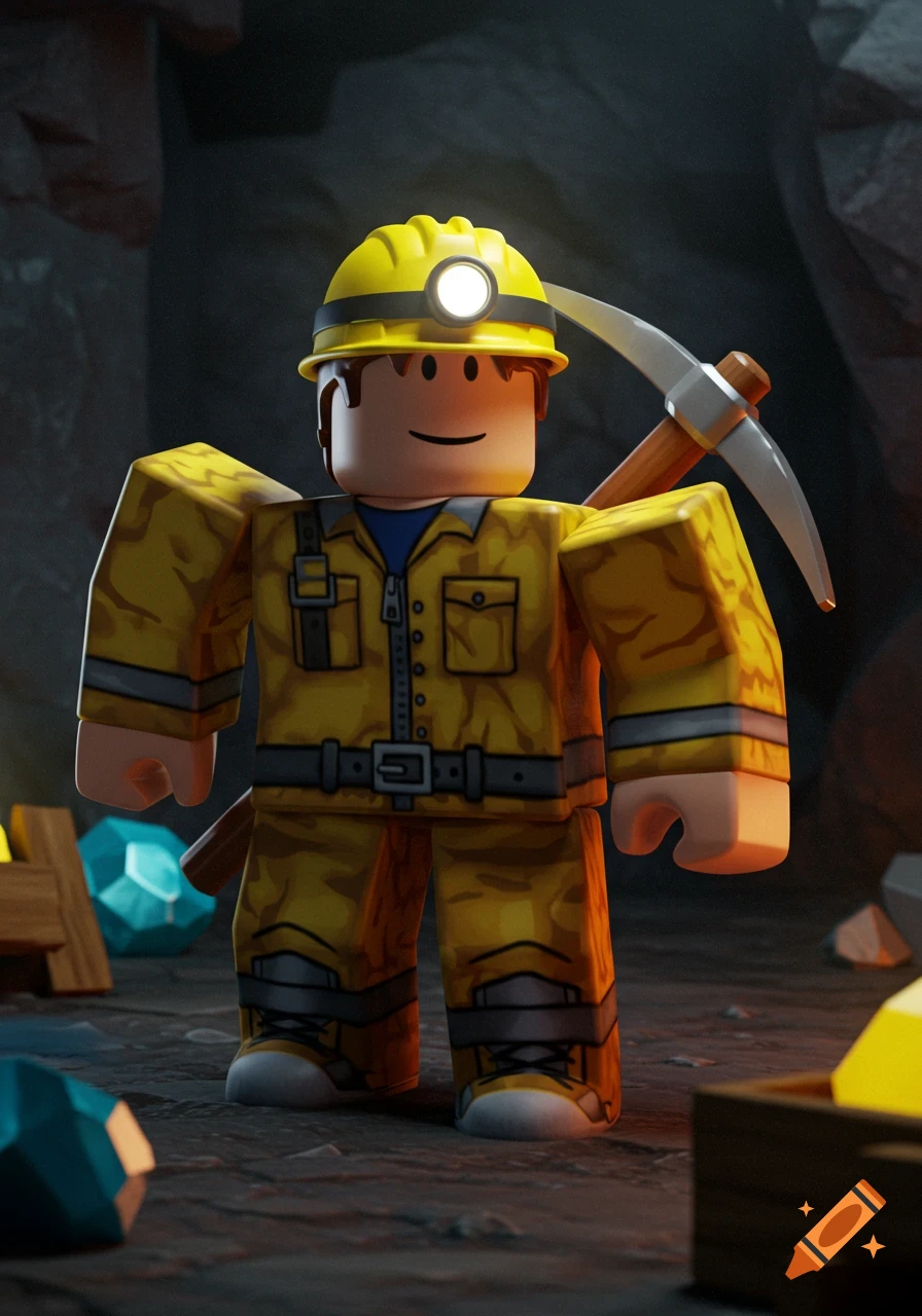 Roblox character in yellow miner outfit with hard hat and pickaxe stands in a cave surrounded by gems.