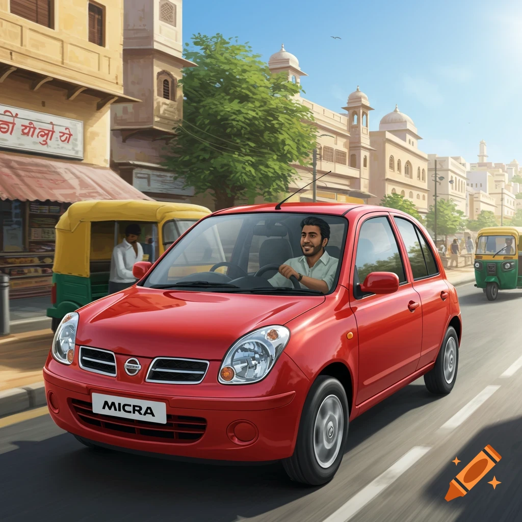 Man drives a red Nissan Micra car on a bustling street in an Indian city with shops.