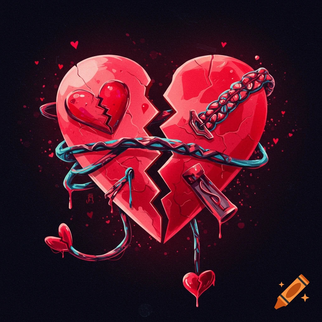 Stylized broken red heart wrapped in blue chains, dripping, on a dark background.