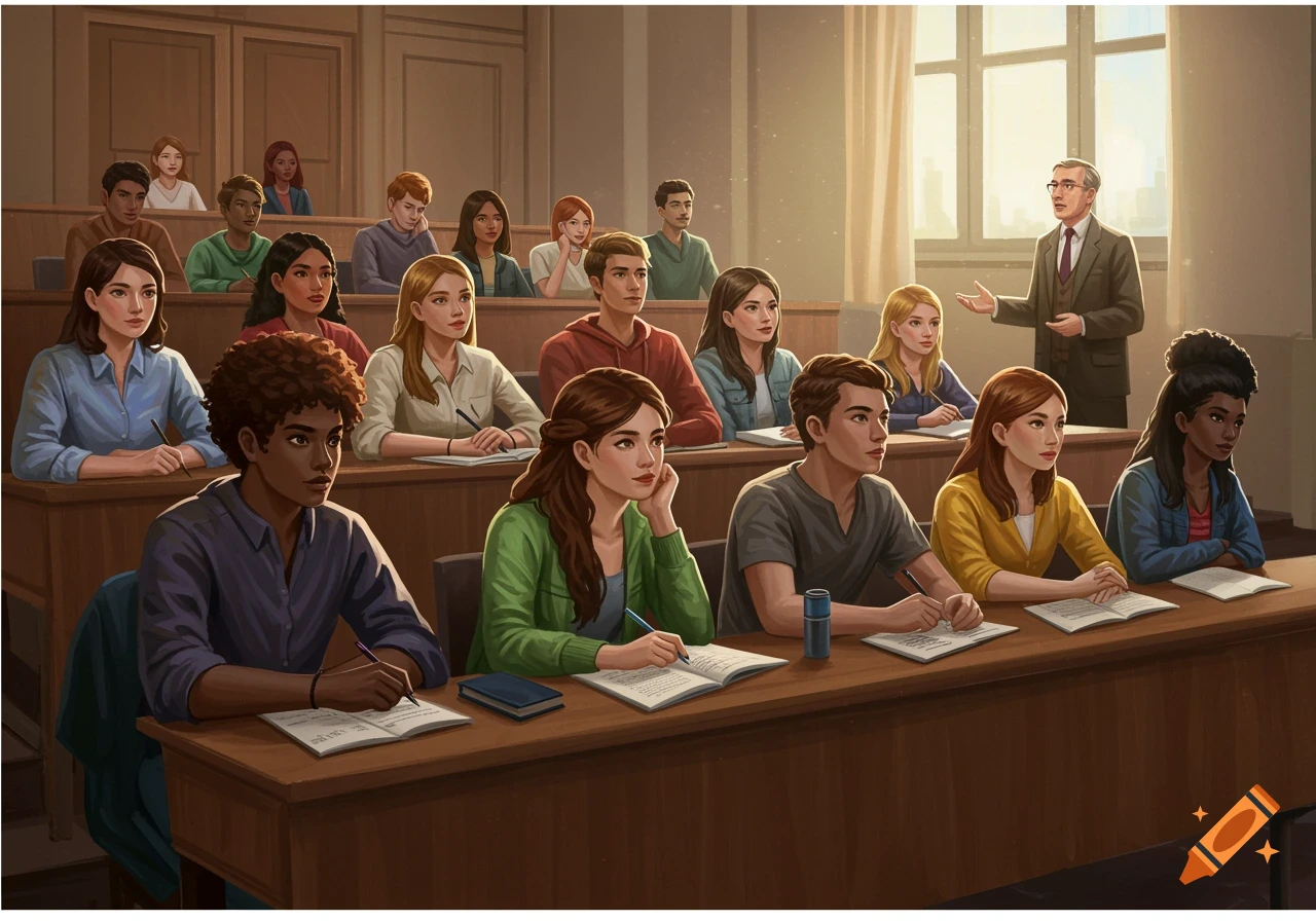 Diverse students listen to a professor during a university lecture in a classroom.