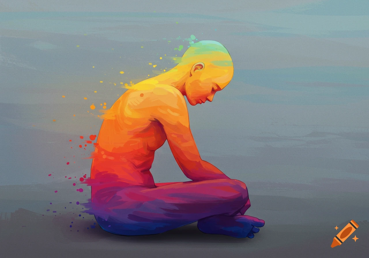 Artistic painting of a figure dissolving into vibrant colors while sitting.