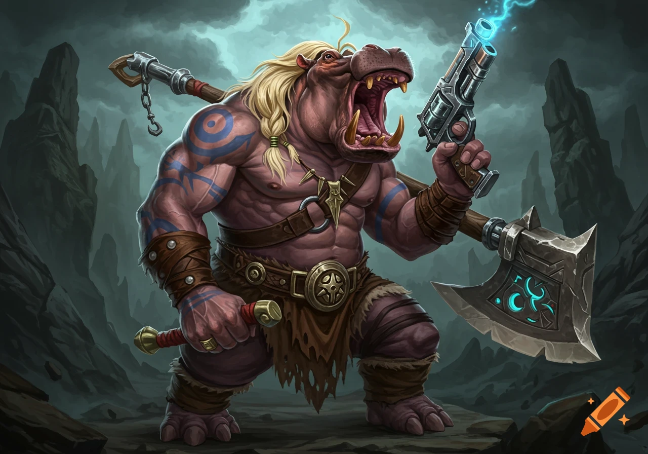 Buff hippo barbarian warrior holding an axe and a gun, standing in a rocky landscape, digital art.