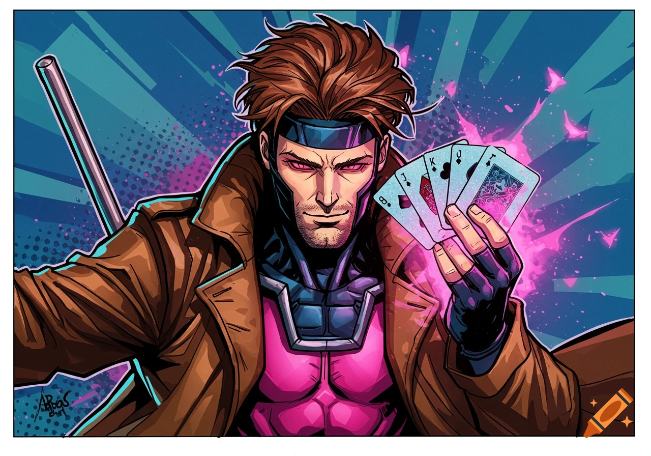 Gambit from X-Men holds glowing playing cards in a pop art style.