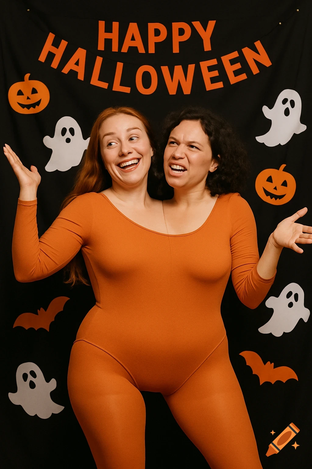 Two women perform a two-headed person illusion in an orange bodysuit against a black backdrop with Halloween decorations.