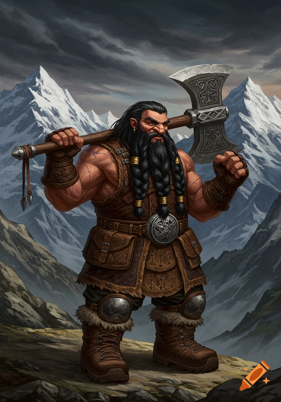 Fantasy illustration of a dwarf warrior with a great axe standing in ...