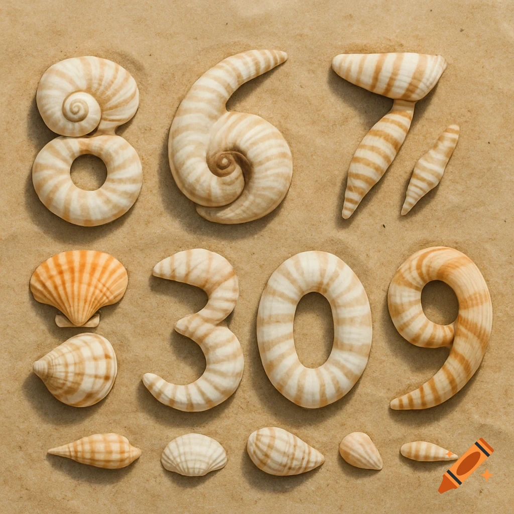 Seashells arranged to form the numbers 8675309 on a sandy surface.