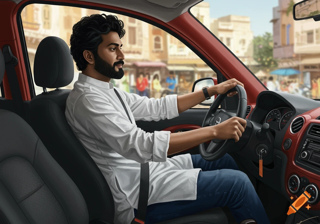 Illustration of a man driving a red car through a city street.
