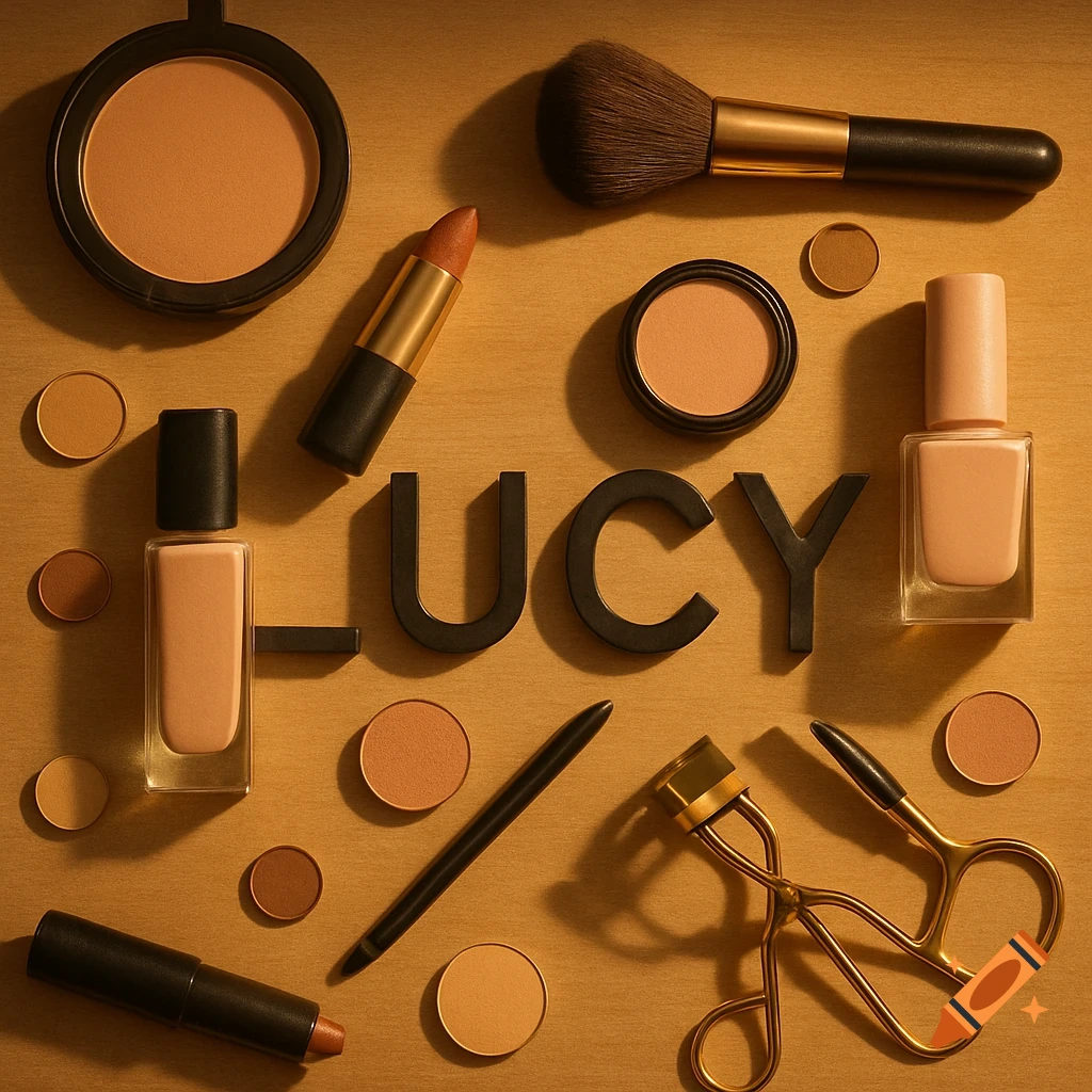 A tabletop flat lay arrangement of makeup and beauty tools spelling out LUCY.