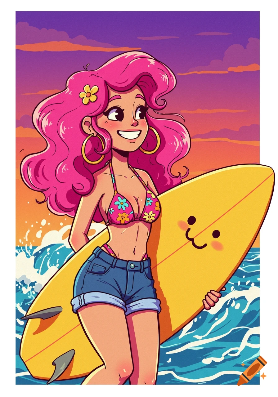 Cartoon of a surfer girl with pink hair, bikini, and shorts holding a yellow surfboard on a beach at sunset.