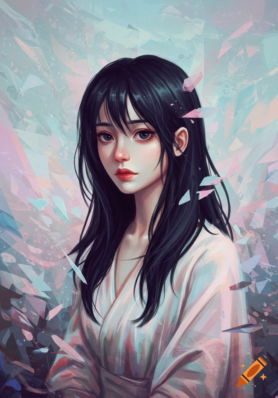 Portrait of a woman with dark hair and white clothing, with abstract geometric background.