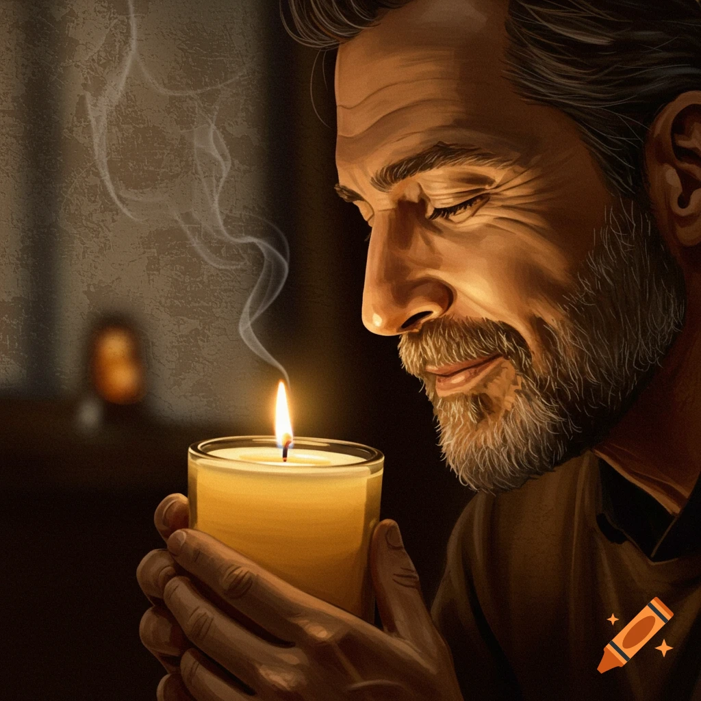 Close-up of a man holding a lit candle and sniffing the smoke.