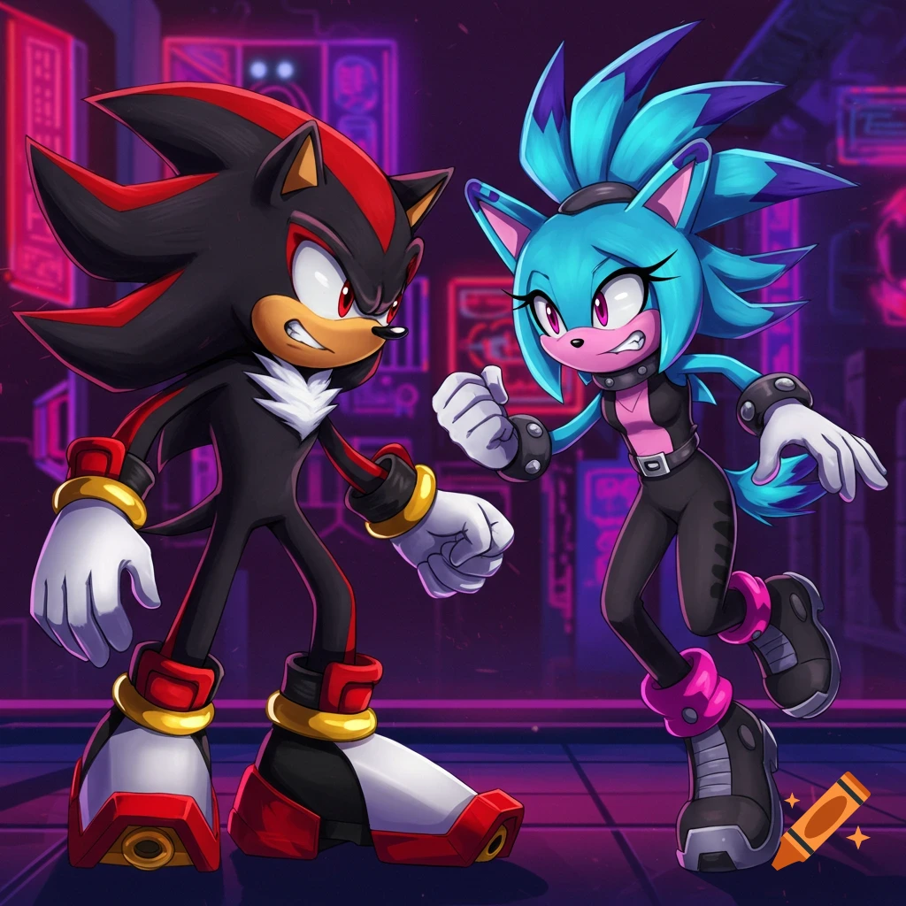 Shadow the Hedgehog and Surge the Tenrec face off in a neon-lit city street in a stylized illustration.