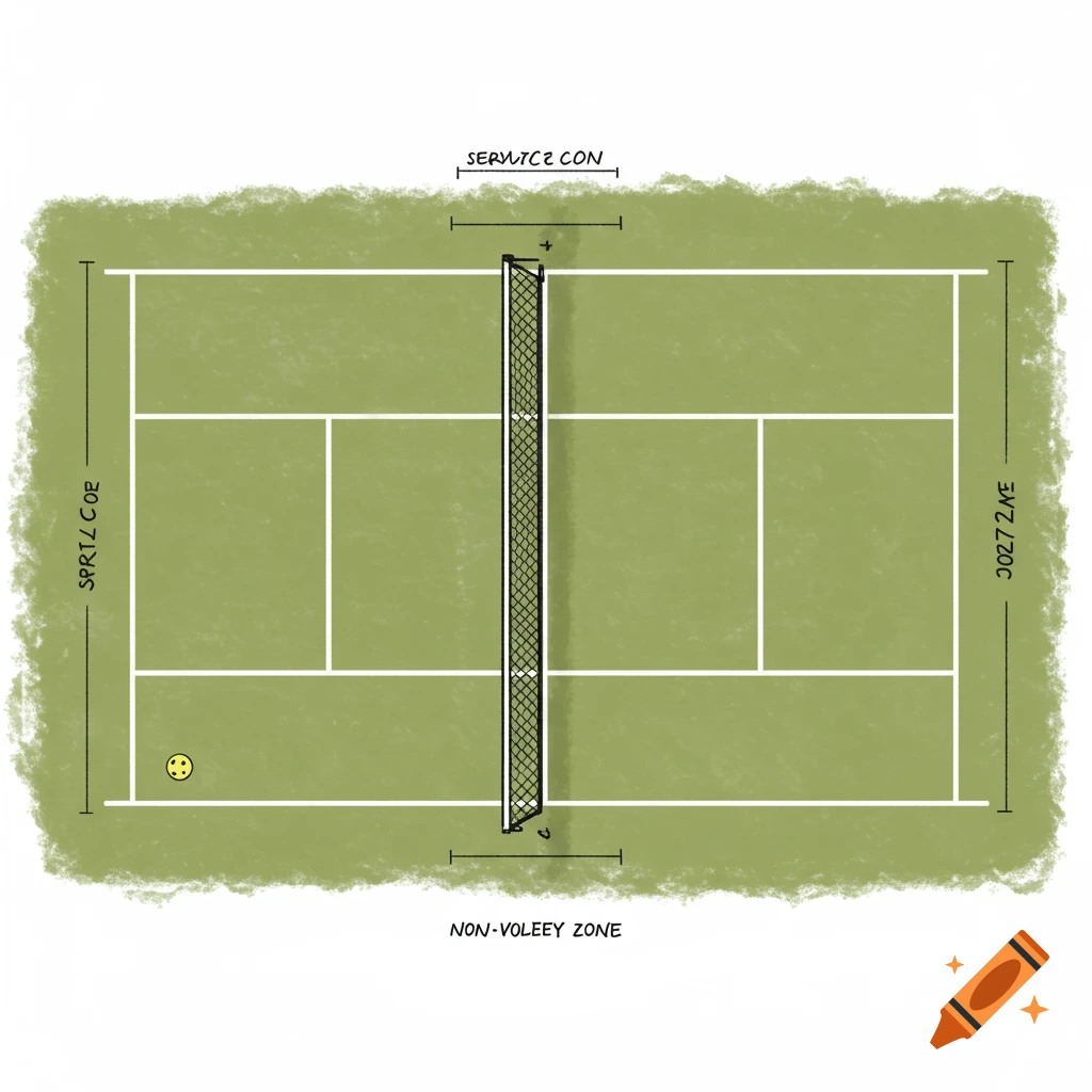 A sketch diagram of a pickleball court from above