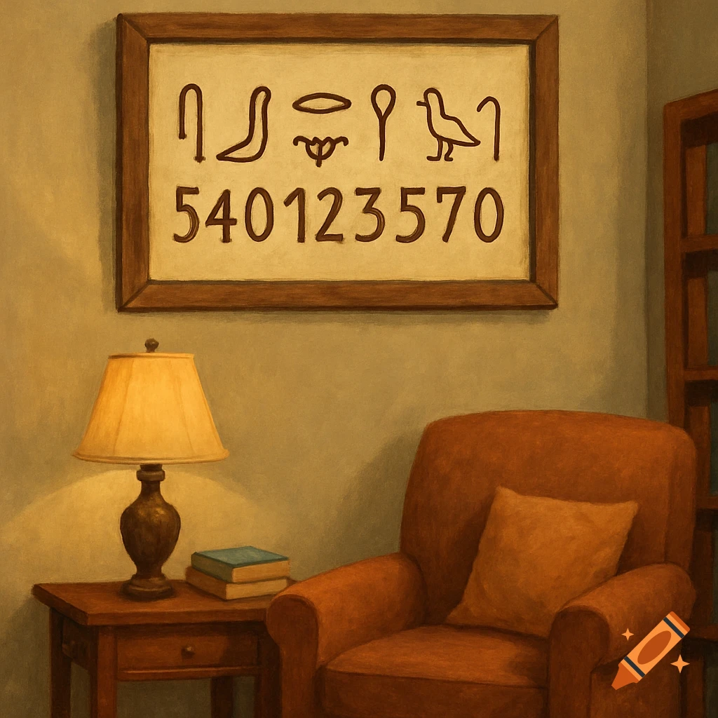 A framed picture with hieroglyphics and numbers hangs above an armchair and side table with a lamp.