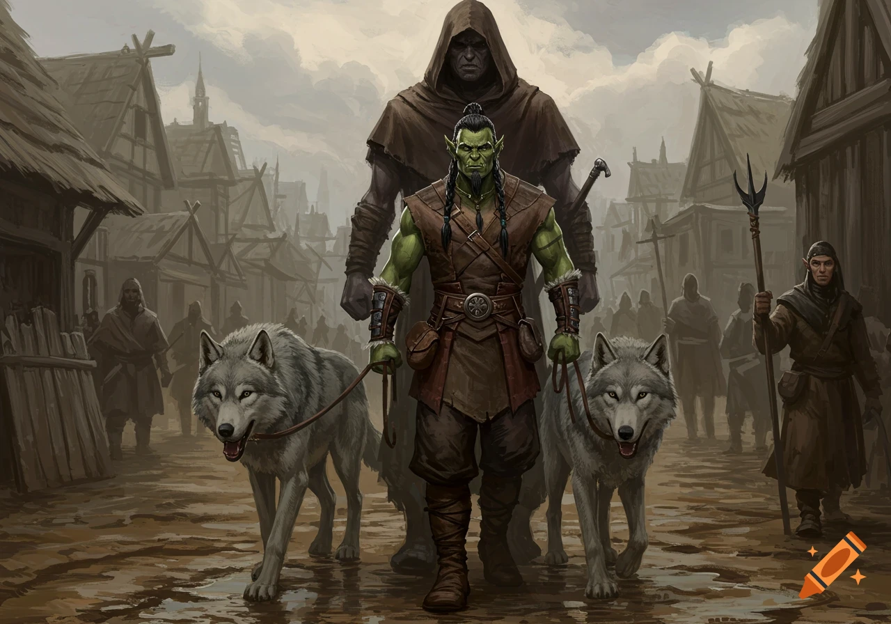 An orc leads two grey wolves on leashes down a muddy village street with a hooded figure behind him.