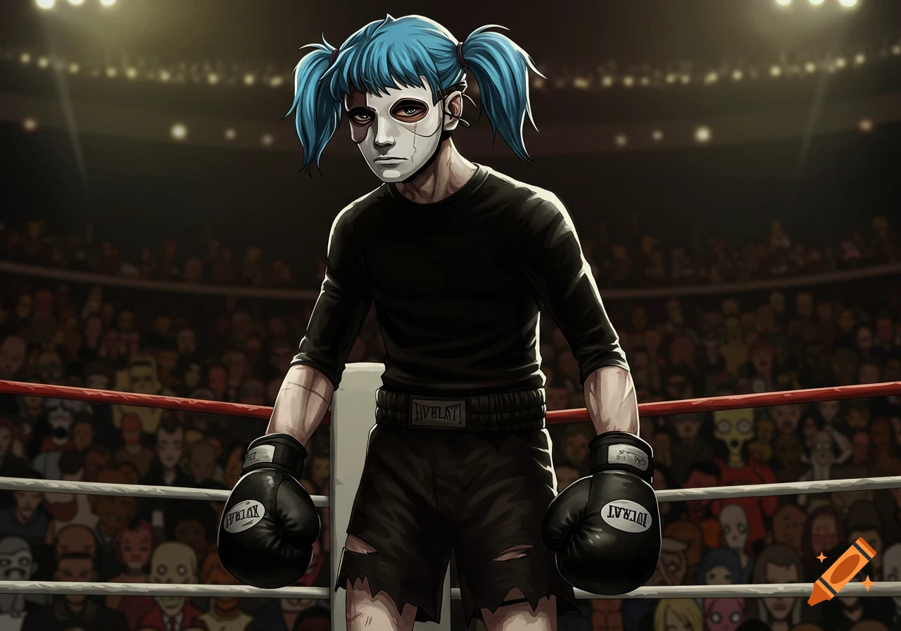 Sally Face character wearing a mask and boxing gloves stands in a ring.