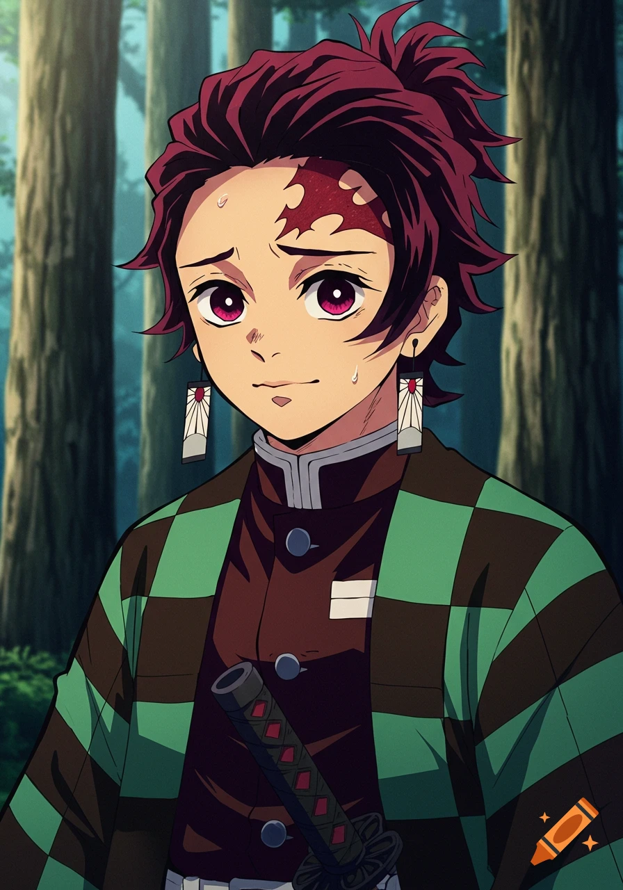 Anime portrait of Tanjiro Kamado in a forest