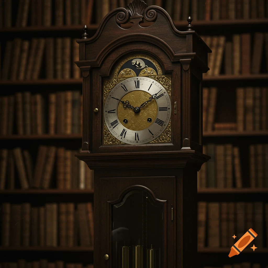 A detailed wooden grandfather clock sits in front of a blurry bookshelf.