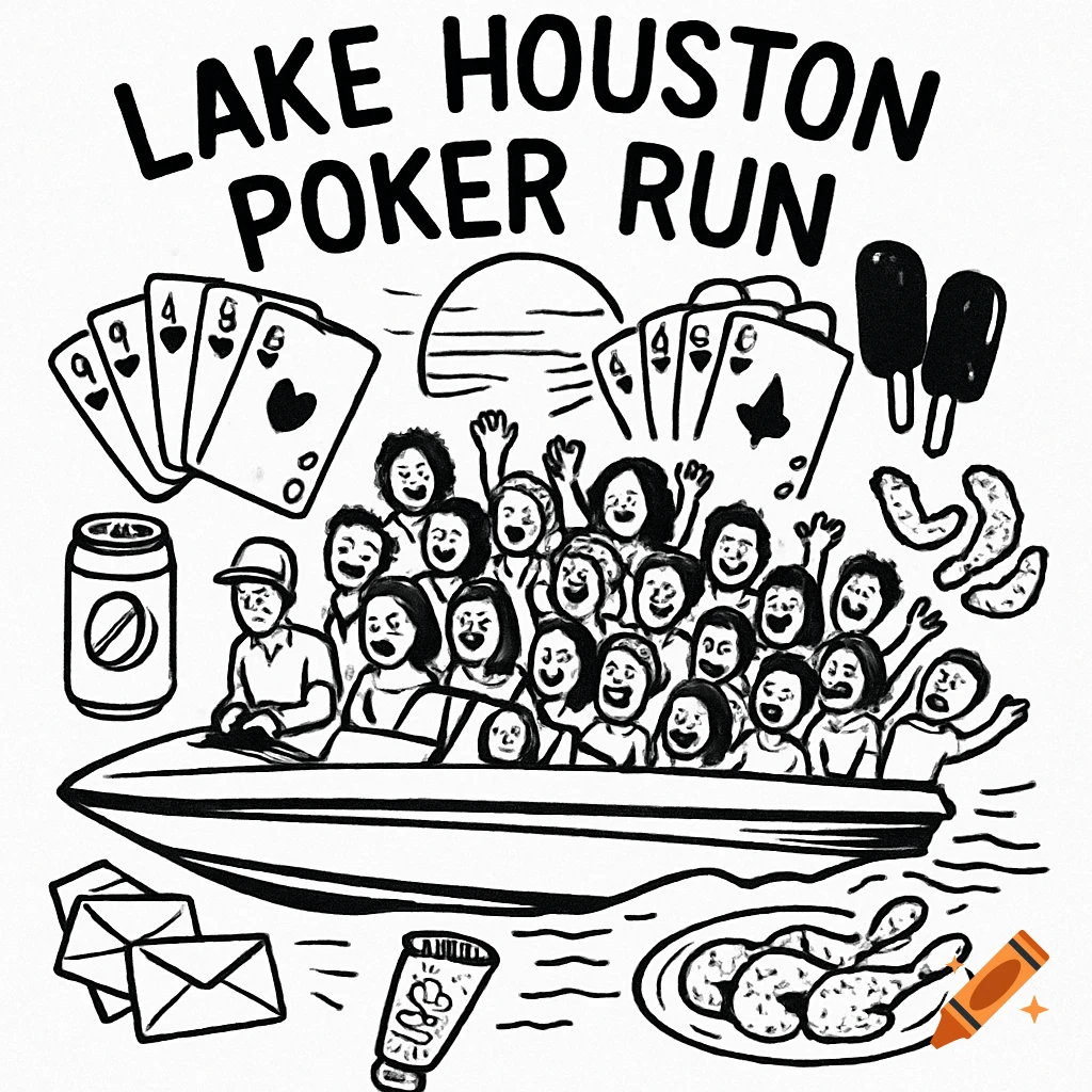Black and white doodle illustration of a boat full of people, poker cards, and picnic items for a poker run event.