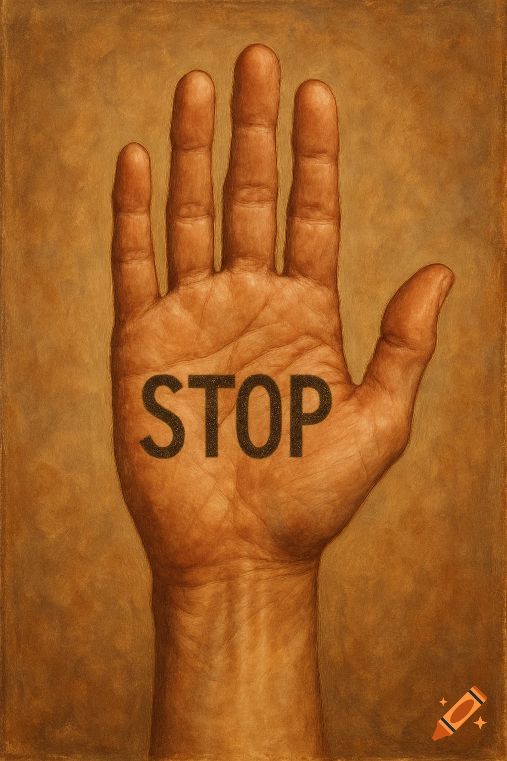 Digital painting of a human hand held up, palm facing forward, with the word STOP written in black letters on the palm.