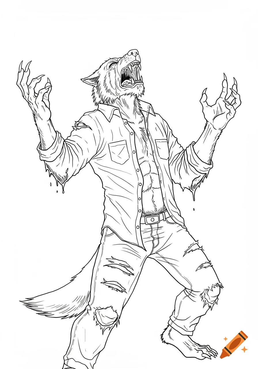Black and white line art of a werewolf transforming, wearing ripped clothes, howling with arms raised.