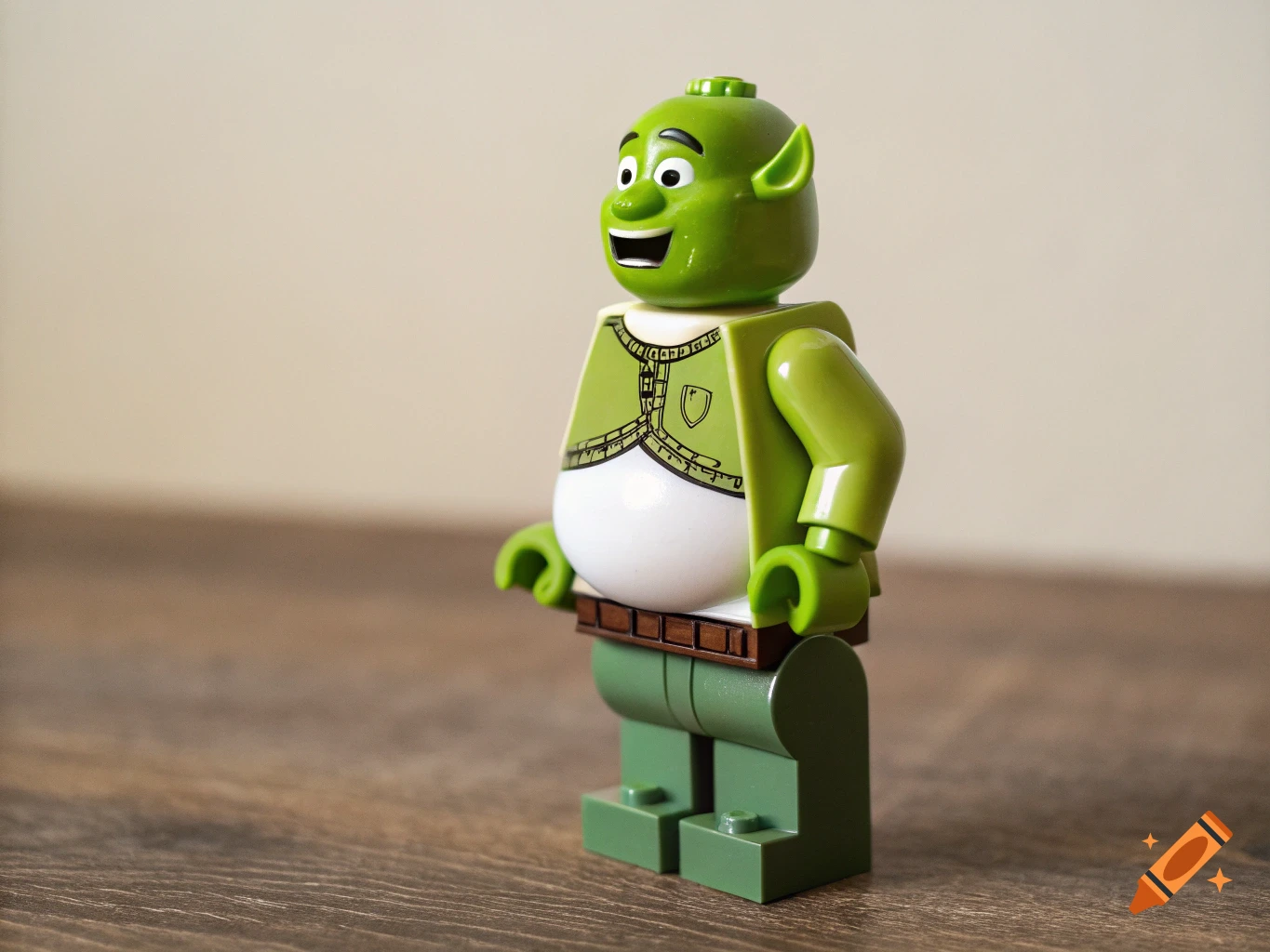 A Shrek LEGO minifigure stands on a wooden surface.