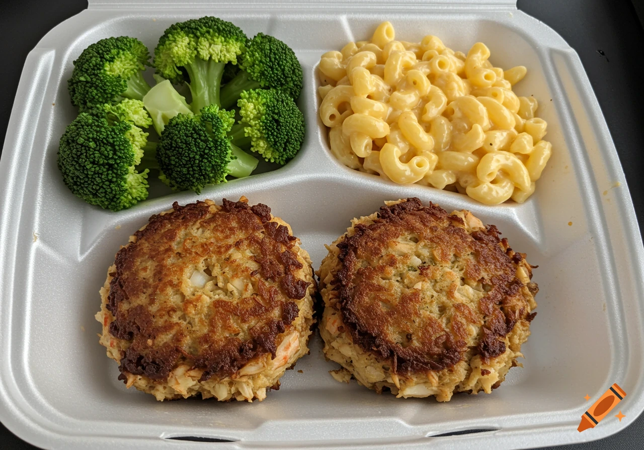 Maryland style crab cakes with broccoli and mac and cheese in a takeout container.