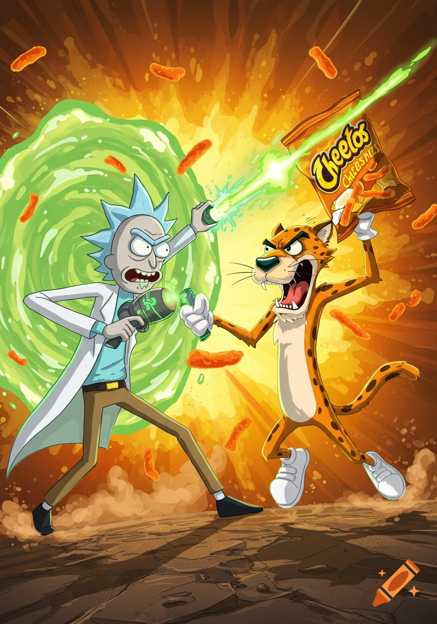 Rick Sanchez fights Chester Cheetah with a Cheetos bag, firing beams, in a cartoon style with a portal and falling Cheetos.