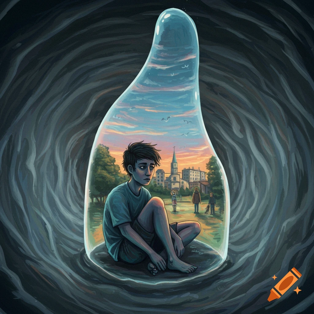Illustration of a person inside a bubble, watching a town scene while in a dark void.