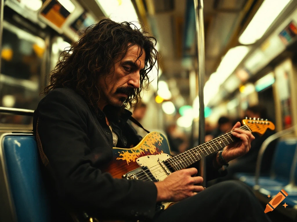 Photorealistic portrait of a man with a mustache and long curly hair playing an electric guitar on a subway train.
