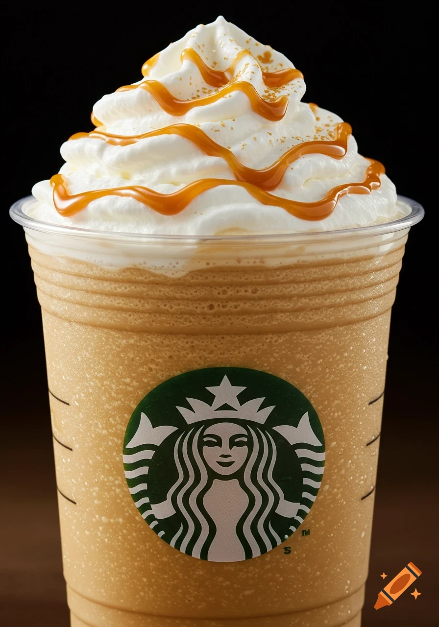 Photorealistic image of a caramel Frappe in a Starbucks cup, topped with whipped cream and caramel drizzle.