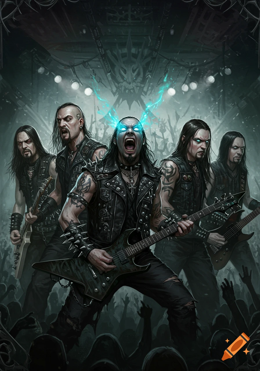 A heavy metal band with glowing eyes performs on stage.