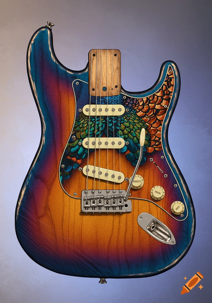 Electric guitar with colorful feather design