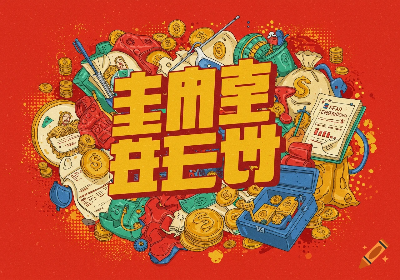 Illustration of golden coins, money bags, gold ingots, and Chinese characters on a red background in a doodle style.