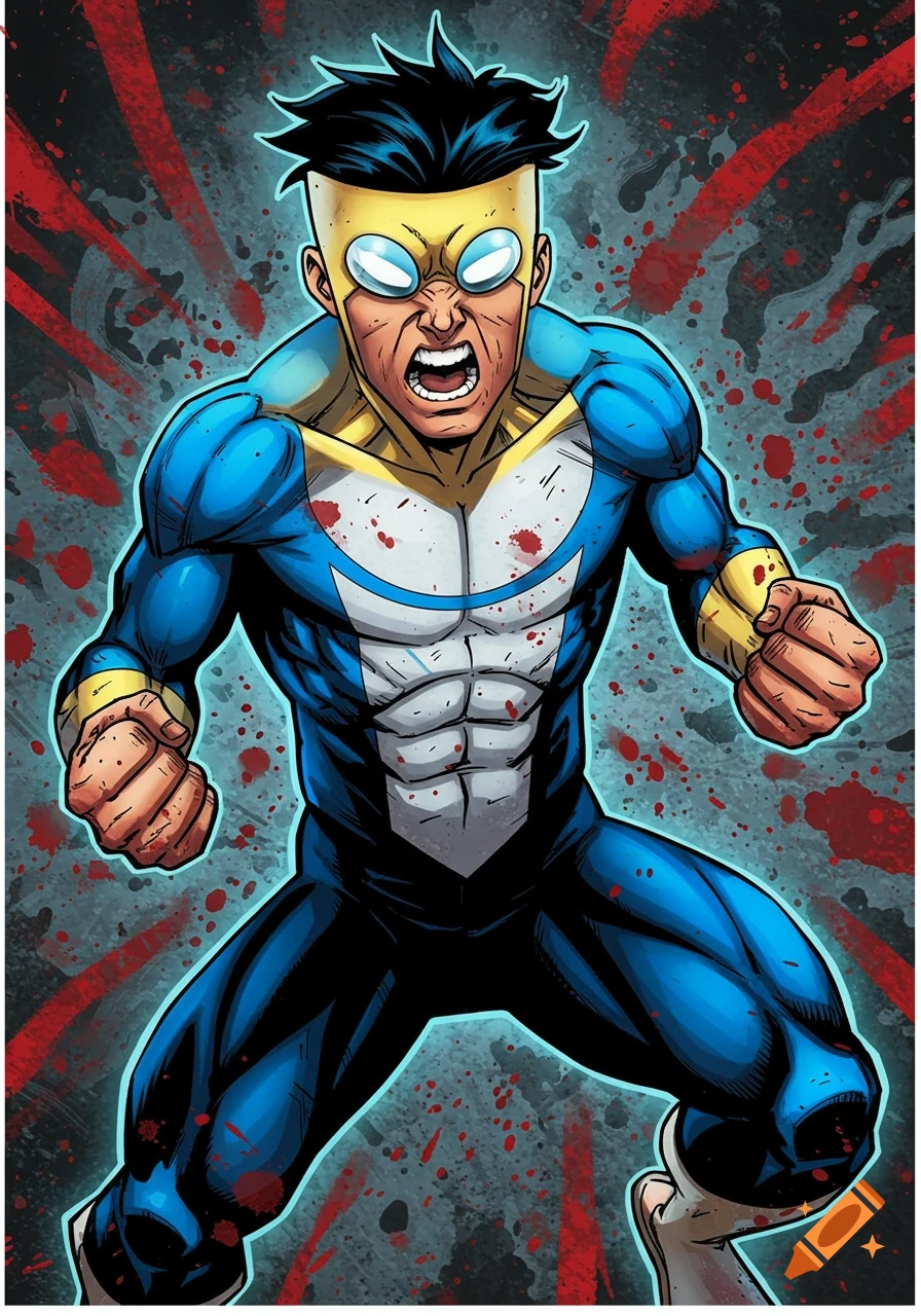 Comic art of the superhero Invincible looking angry with blood splatters on his suit.