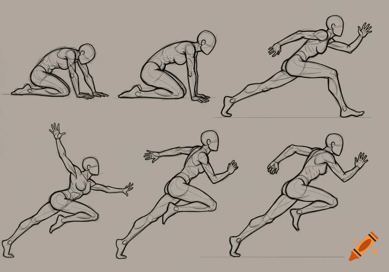 A series of anatomical figure sketches depicting a transition from a curled pose to a sprint.