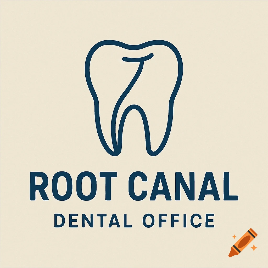 Blue line-art tooth icon above ROOT CANAL DENTAL OFFICE text on a beige background.