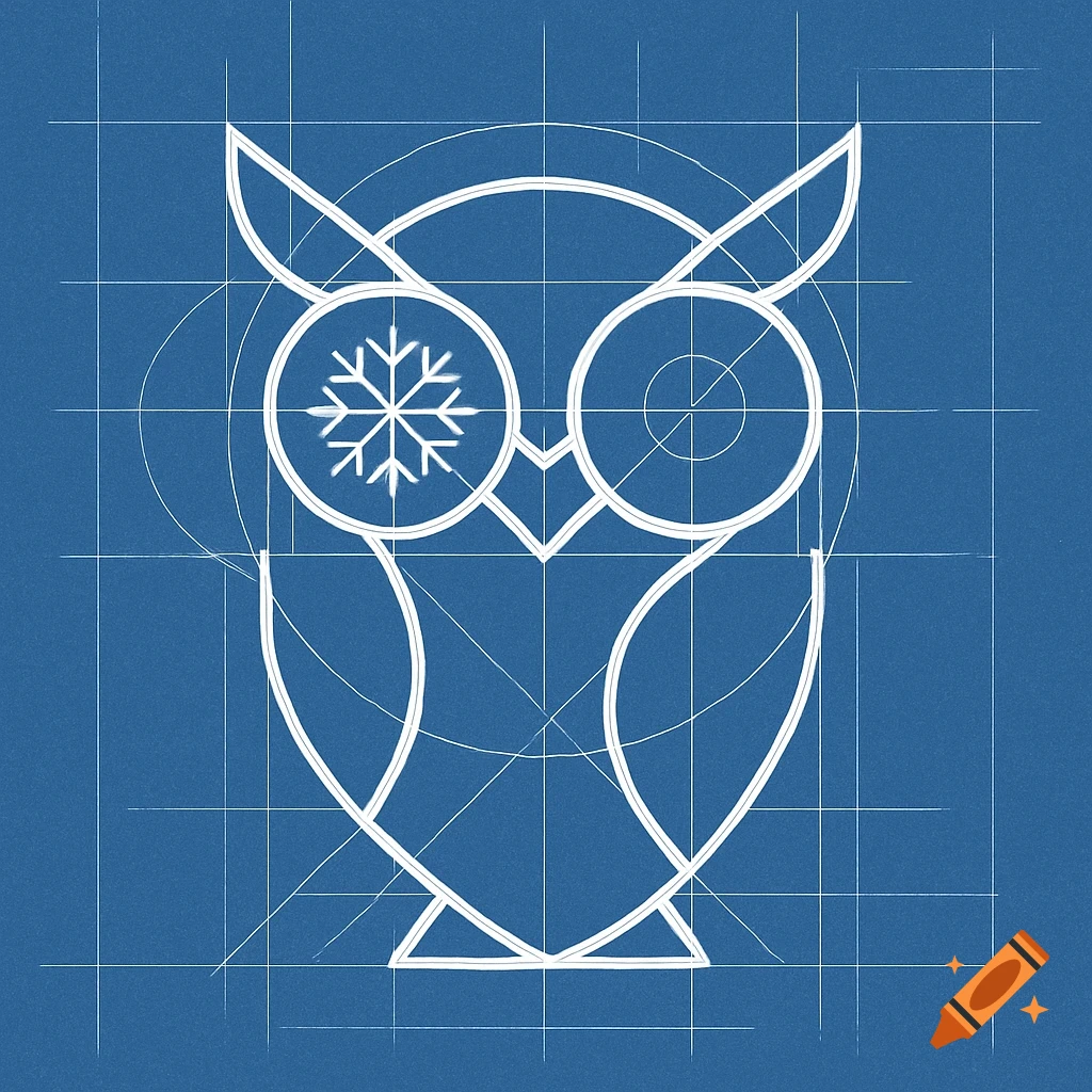 Minimalist owl logo in blueprint style with a snowflake eye