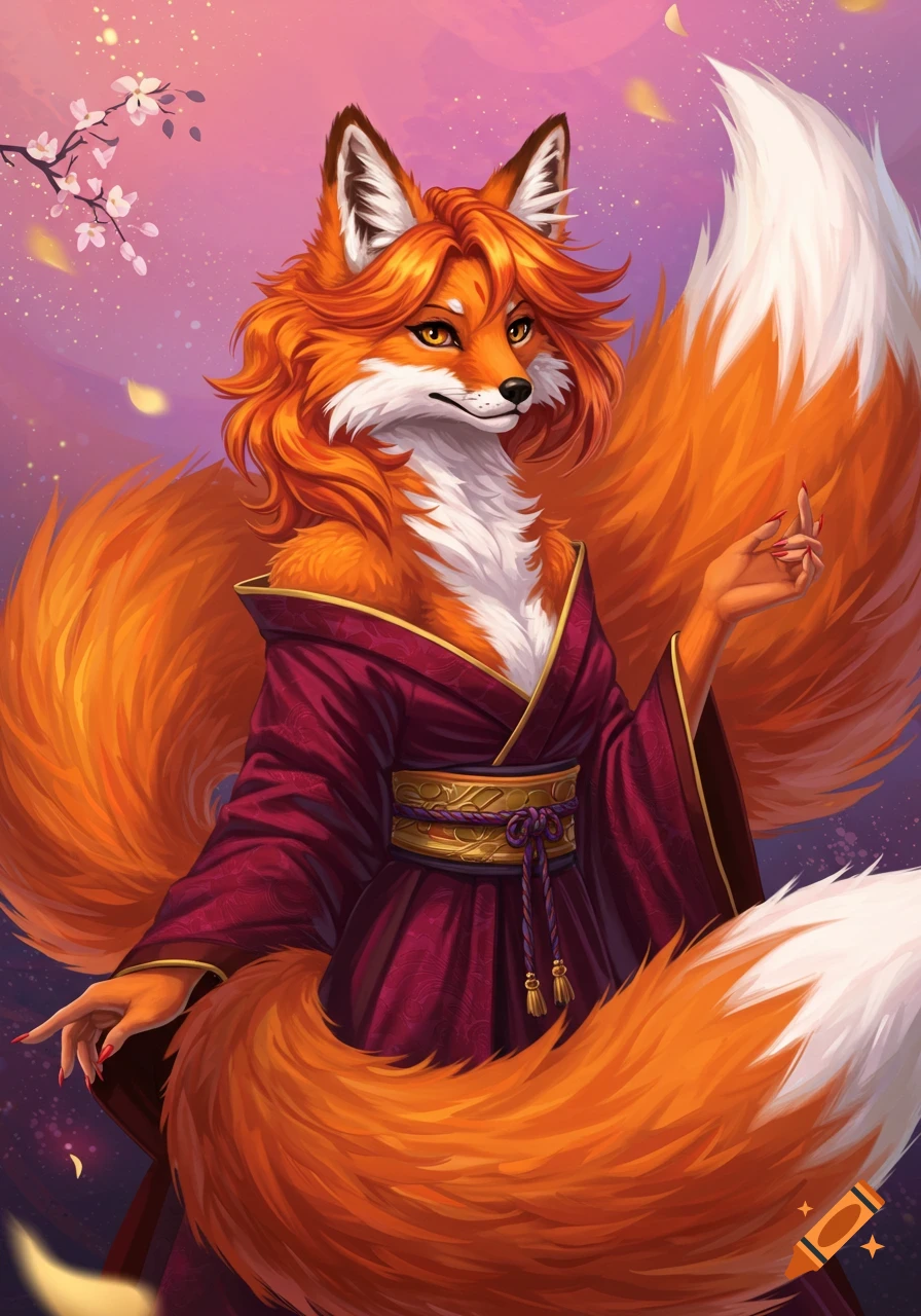 An illustration of a nine-tailed fox woman wearing a patterned, dark red kimono-style robe, surrounded by cherry blossoms and falling petals.
