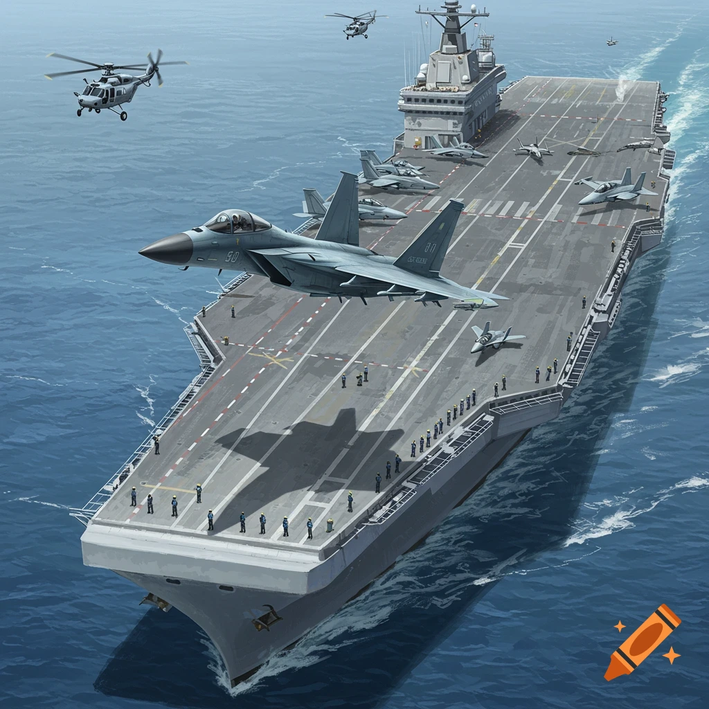 Illustration of a jet flying over an aircraft carrier with other military aircraft nearby at sea