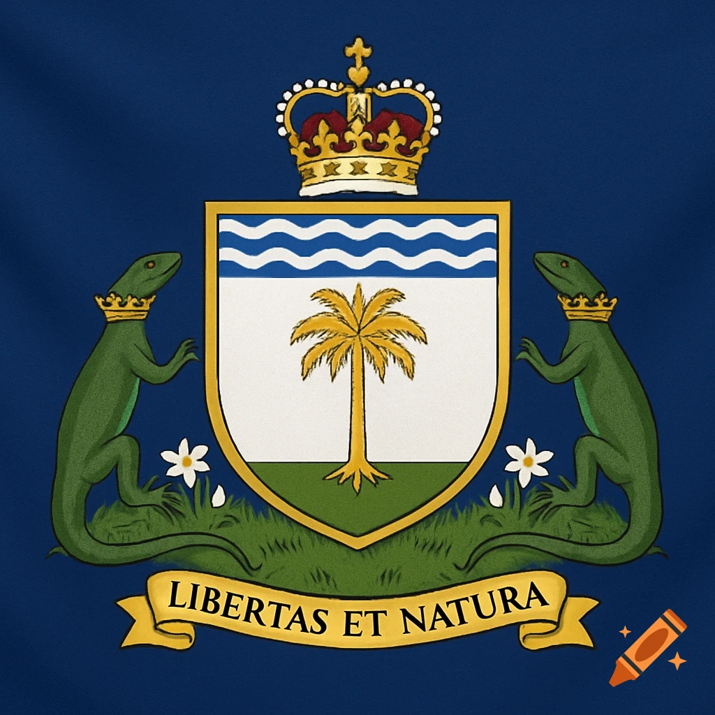 Coat of arms with a palm tree shield supported by crowned lizards, text banner below, on blue background