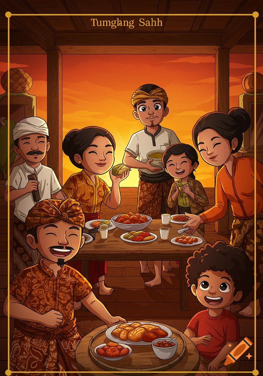Illustration of a family in traditional clothing eating together at a table.
