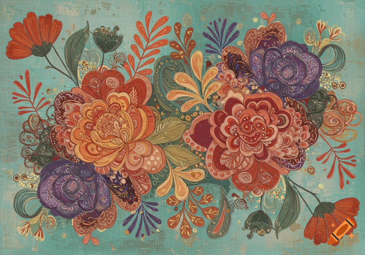 Boho abstract illustration of colorful flowers with detailed patterns on a textured background.