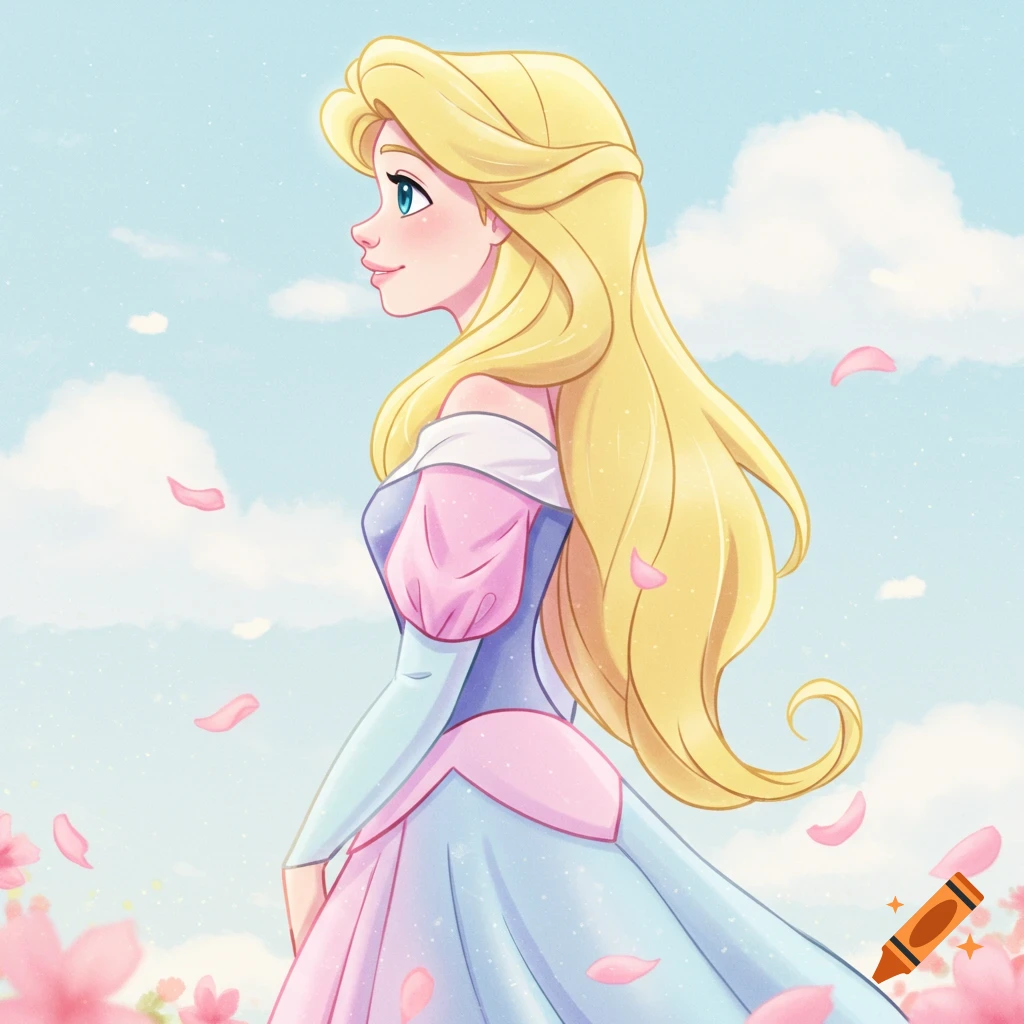 Disney style illustration of a blonde woman in a blue and pink dress, looking left, with flowers and petals around her.