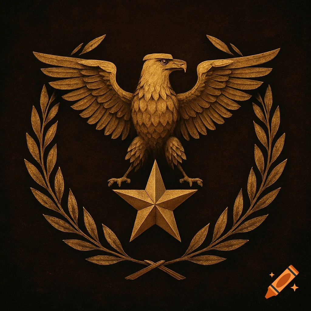 A golden emblem of an eagle with spread wings above a star and laurel wreath on a dark background.