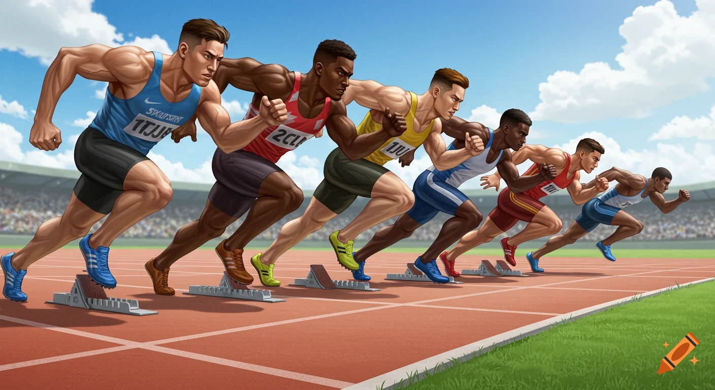 Digital illustration of male athletes in starting blocks for a sprint race.