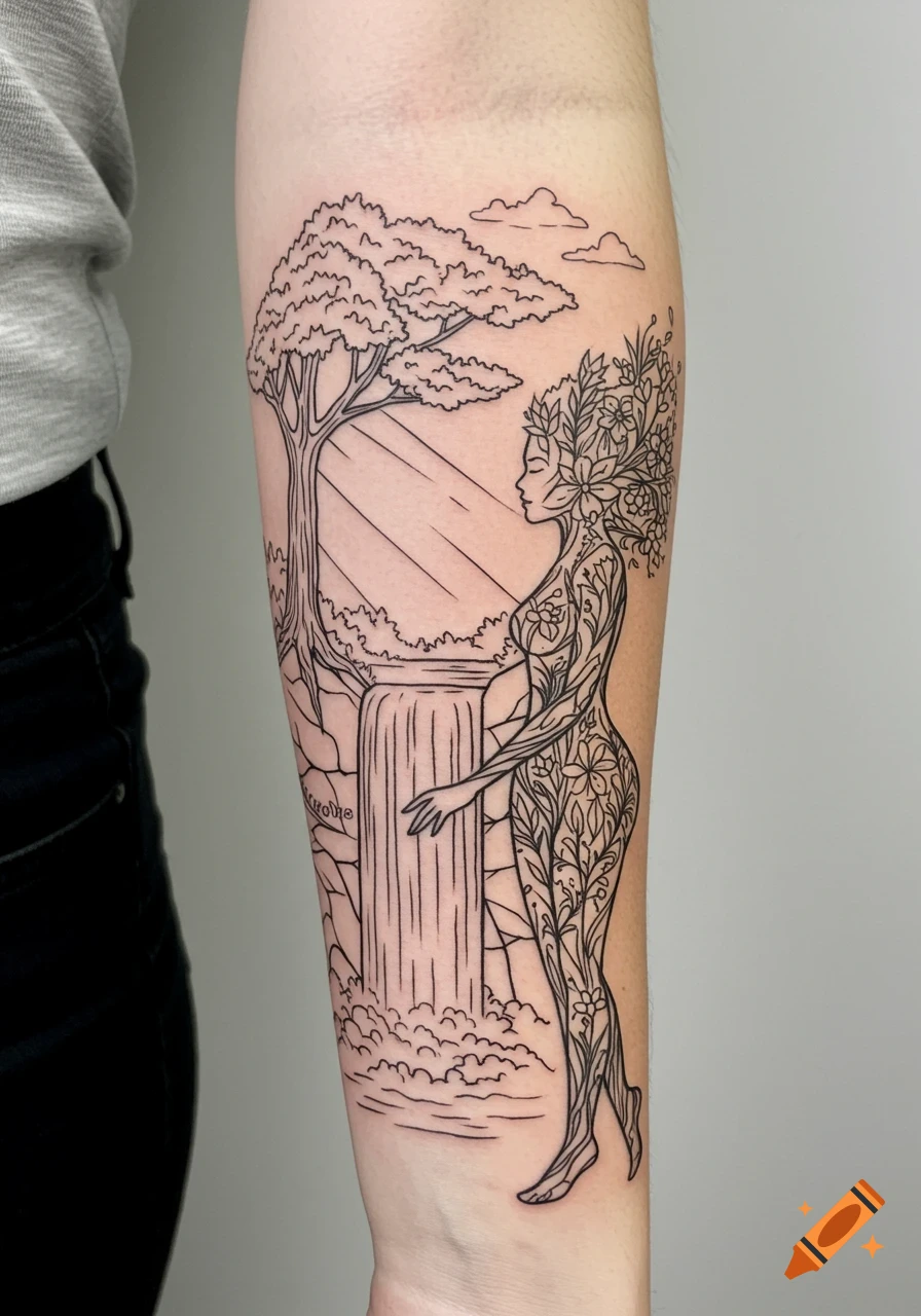 Black line drawing tattoo on arm of a nature figure by a waterfall and tree.