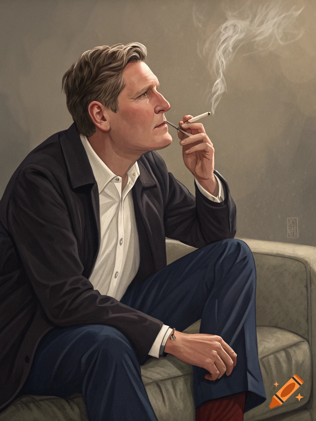Painted portrait of a man sitting, looking sideways, and smoking a cigarette.