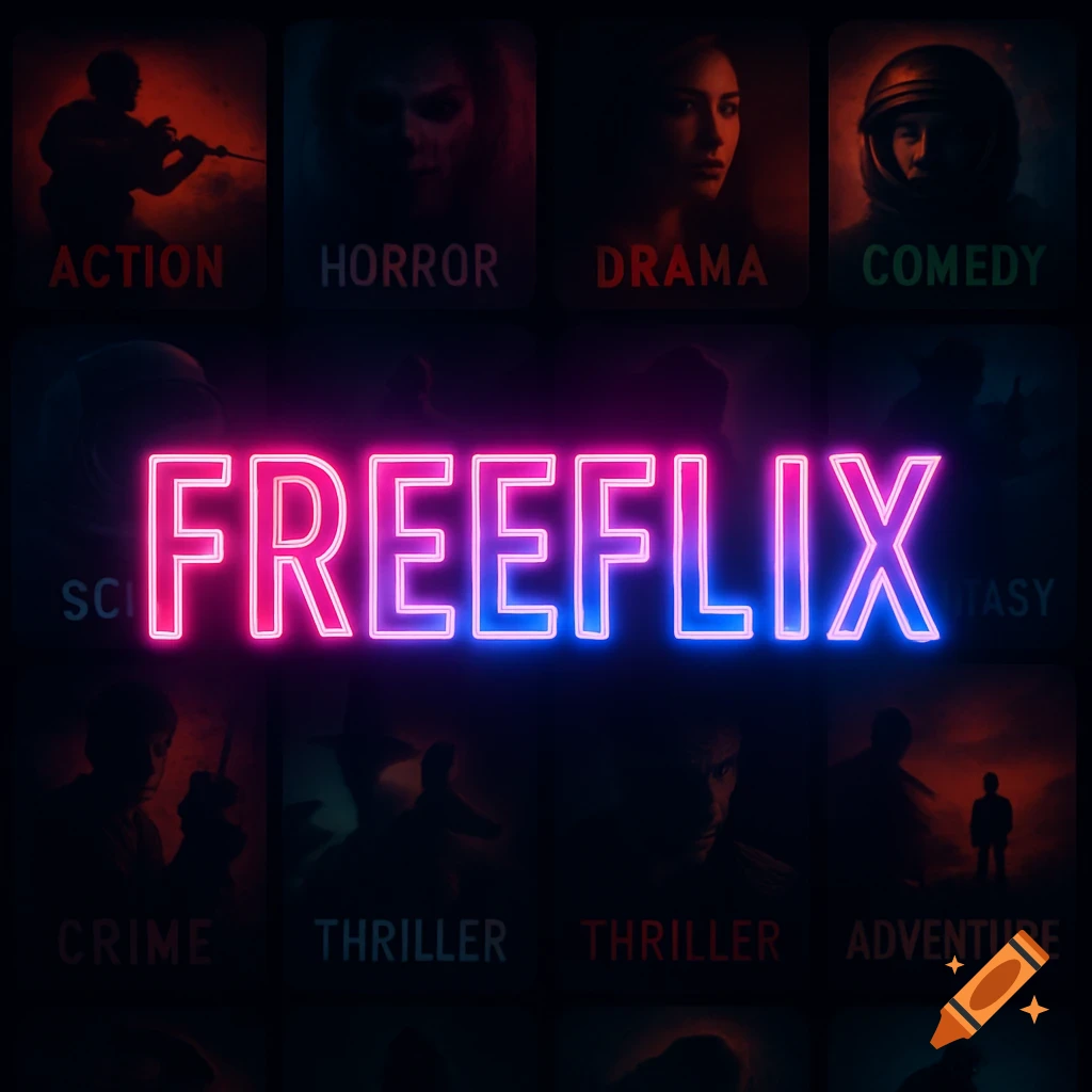 Neon pink and blue sign reads FREEFLIX over a grid of movie genre images like action, horror, and drama.