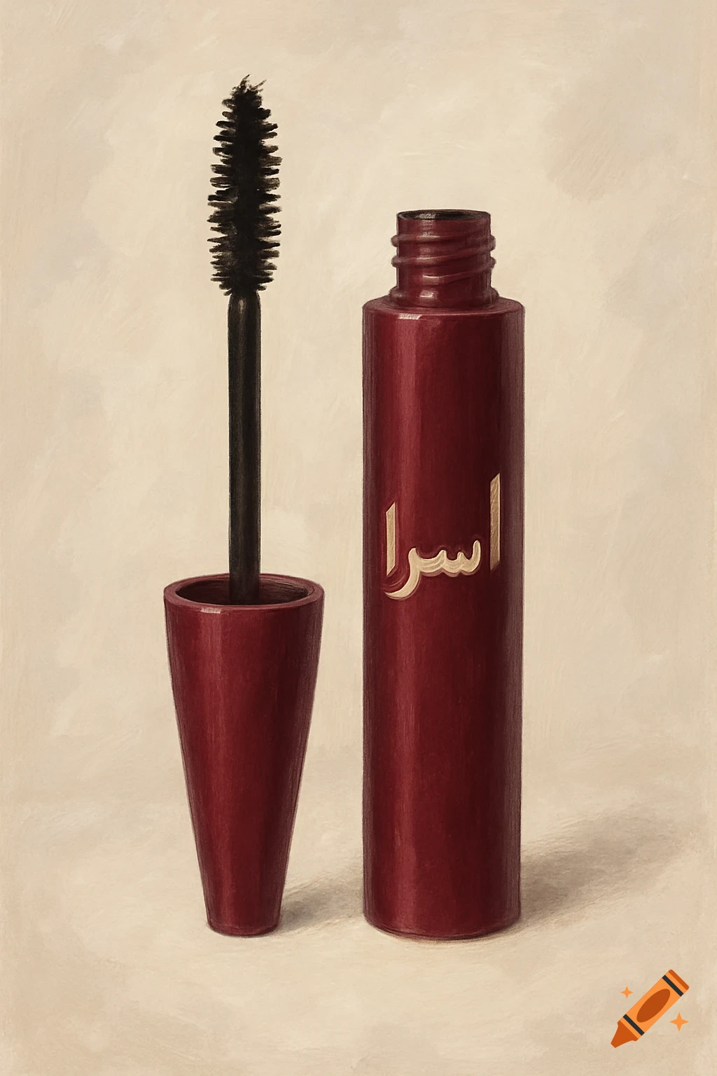 Still life of a deep red mascara tube and brush with Arabic text, painted style.